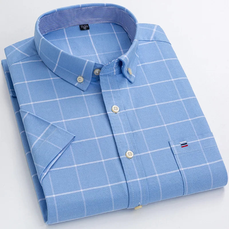 Men's Oxford Short Sleeve Summer Casual Shirts Single Pocket Comfortable Standard-fit Button-down Plaid Striped Cotton Shirt