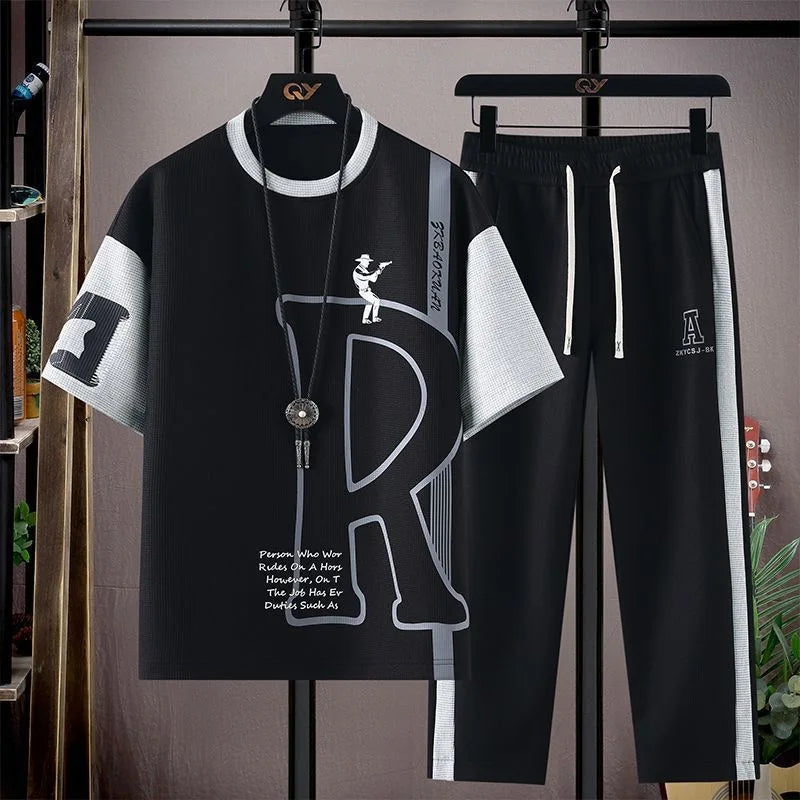 Summer Fashion Trendy Printed Short Sleeve T-Shirt Sports Set Men's Casual Loose Breathable High Quality Plus Size Two-Piece Set