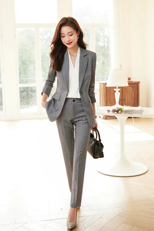 NAVIU High Quality Fabric Formal Professional Lady Office Work Wear Spring OL Styles Pant Suit Elegant Plaid Blazer and Trousers
