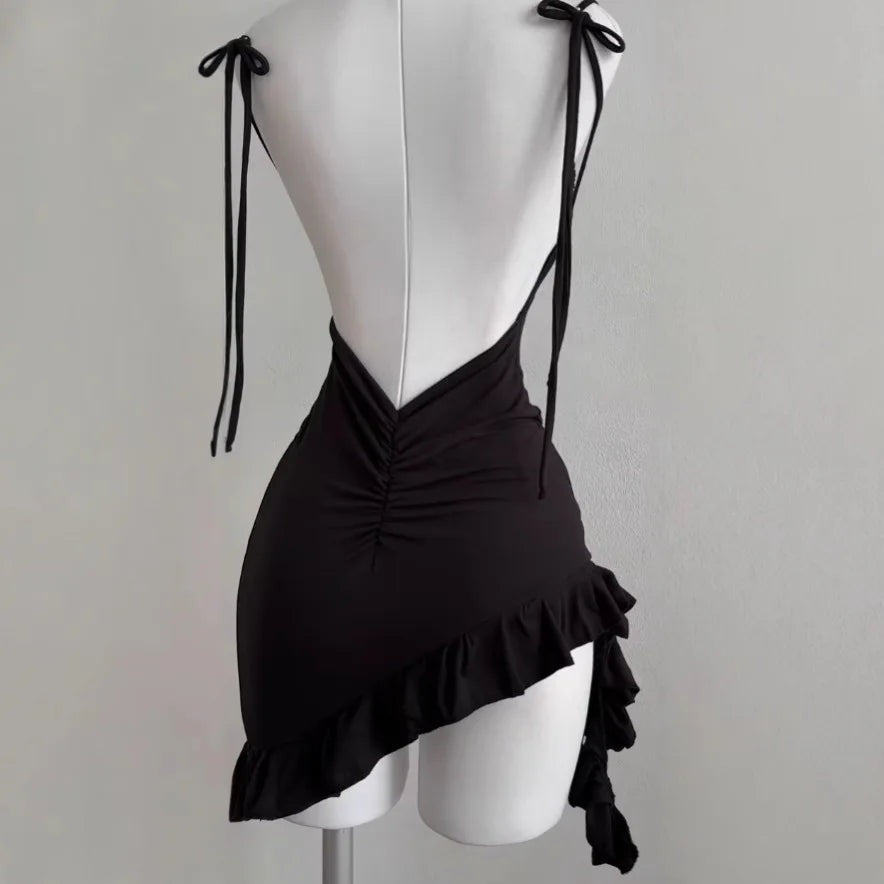 Linglsix Backless Sleeveless Mini Dress Women Lace Up Bodycon