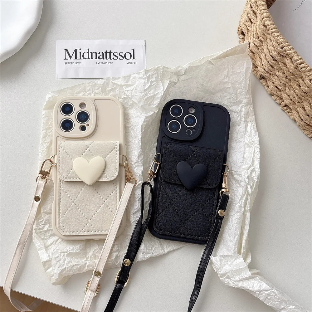 Cute Heart Lanyard Crossbody Card Holder For iPhone Case
