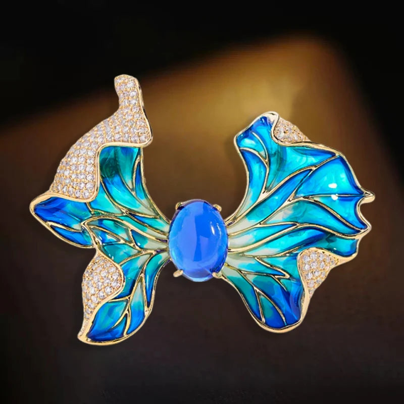 OKILY Palace Elegance Zircon Dancing  Girl Brooch Pins Temperament Enamel Bowknot Fan gingko Feather Corsage for Woman Ornament