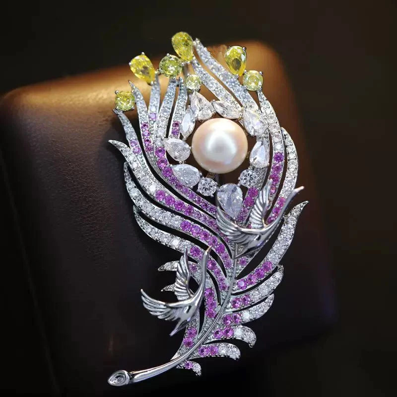 OKILY Palace Elegance Zircon Dancing  Girl Brooch Pins Temperament Enamel Bowknot Fan gingko Feather Corsage for Woman Ornament