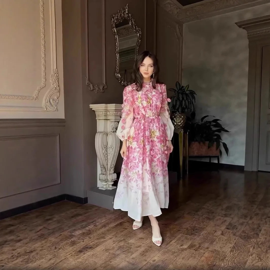 2026 Summer New Design Floral Pink Dress With An Elegant Flower Sea Look Robe Abaya Ramadan Dubai Luxury Islam Elegant