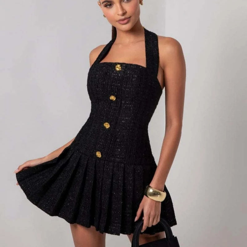 New Summer Dress 2025 Vestidos Para Mujer Solid Color Party Dresses Sexy Hanging Dress Pleated Dress Short Dresses For Woman