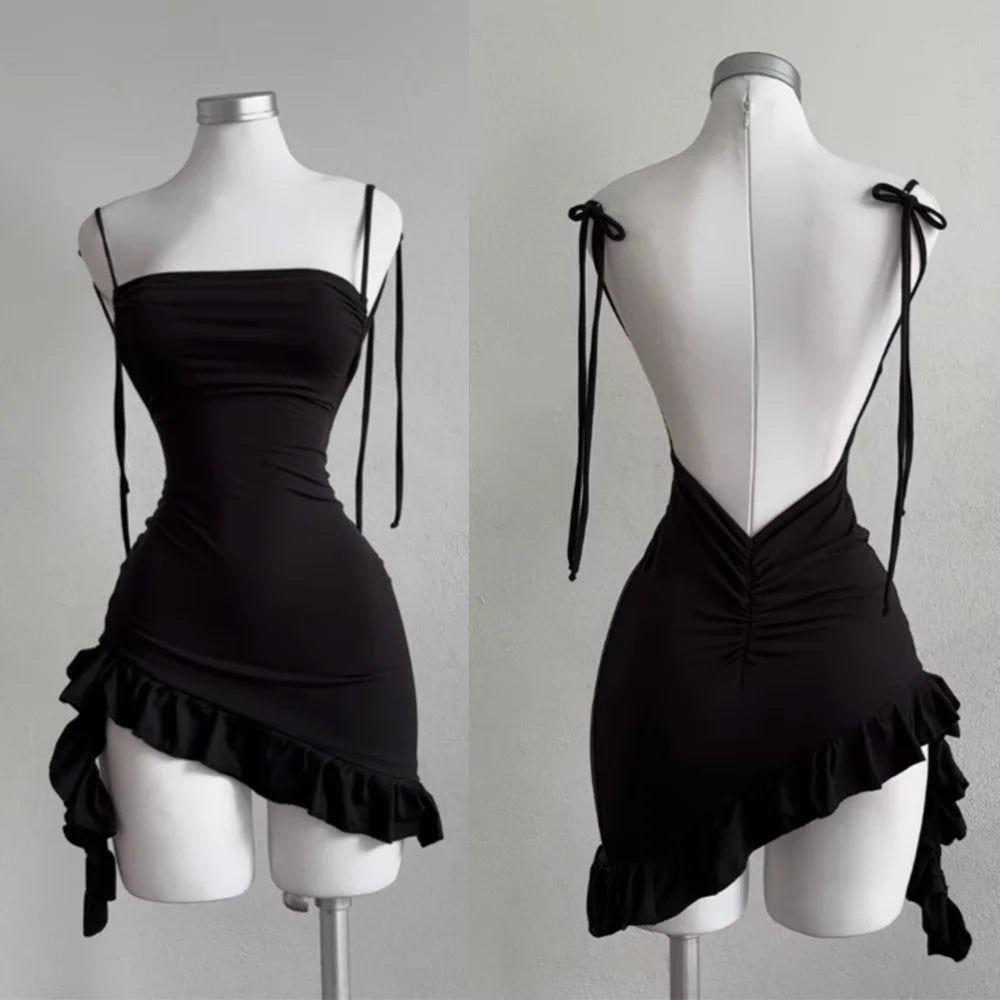 Linglsix Backless Sleeveless Mini Dress Women Lace Up Bodycon