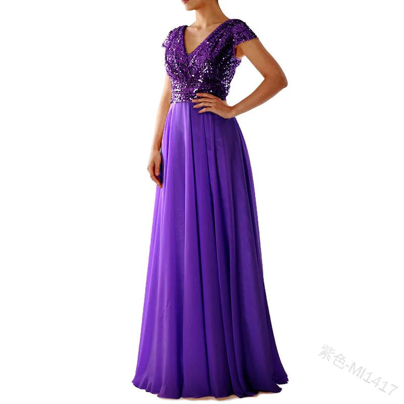 2026 summer new dress V-neck sequined chiffon splicing evening dress dress