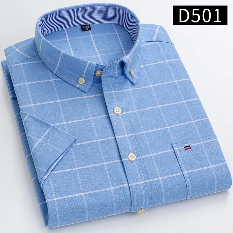 Men's Oxford Short Sleeve Summer Casual Shirts Single Pocket Comfortable Standard-fit Button-down Plaid Striped Cotton Shirt