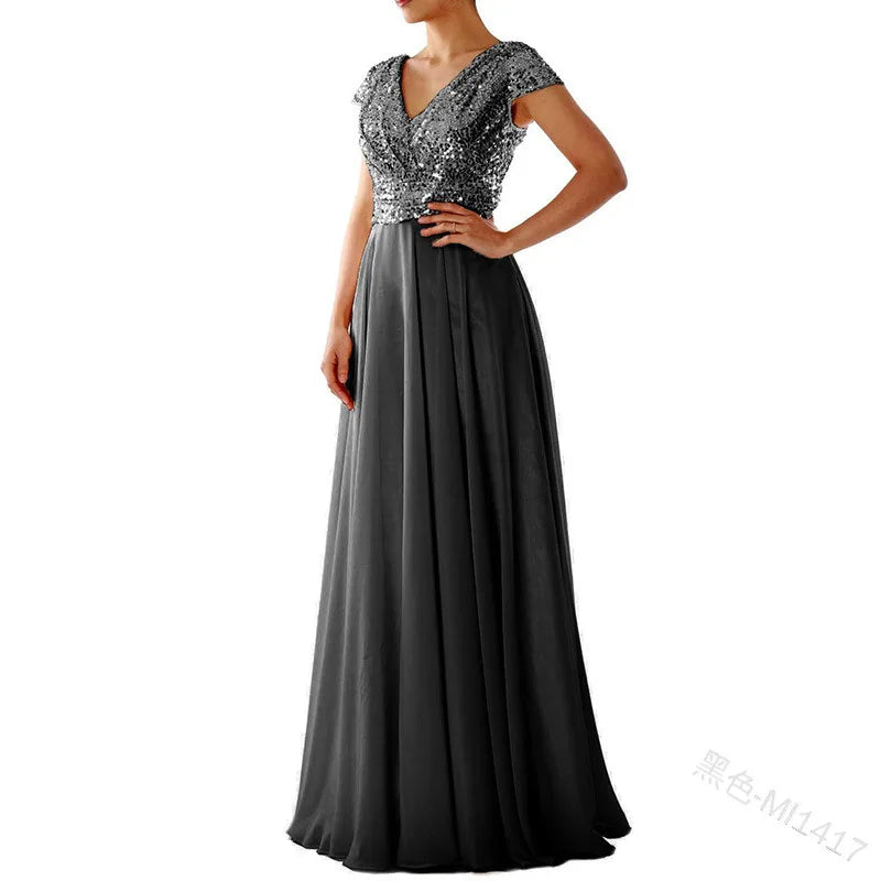 2026 summer new dress V-neck sequined chiffon splicing evening dress dress