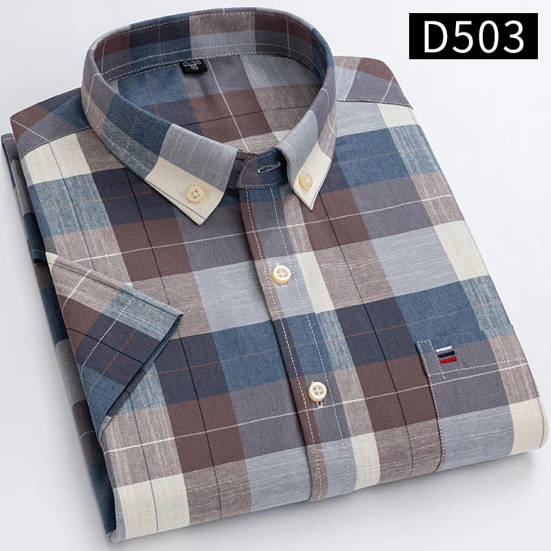 Men's Oxford Short Sleeve Summer Casual Shirts Single Pocket Comfortable Standard-fit Button-down Plaid Striped Cotton Shirt