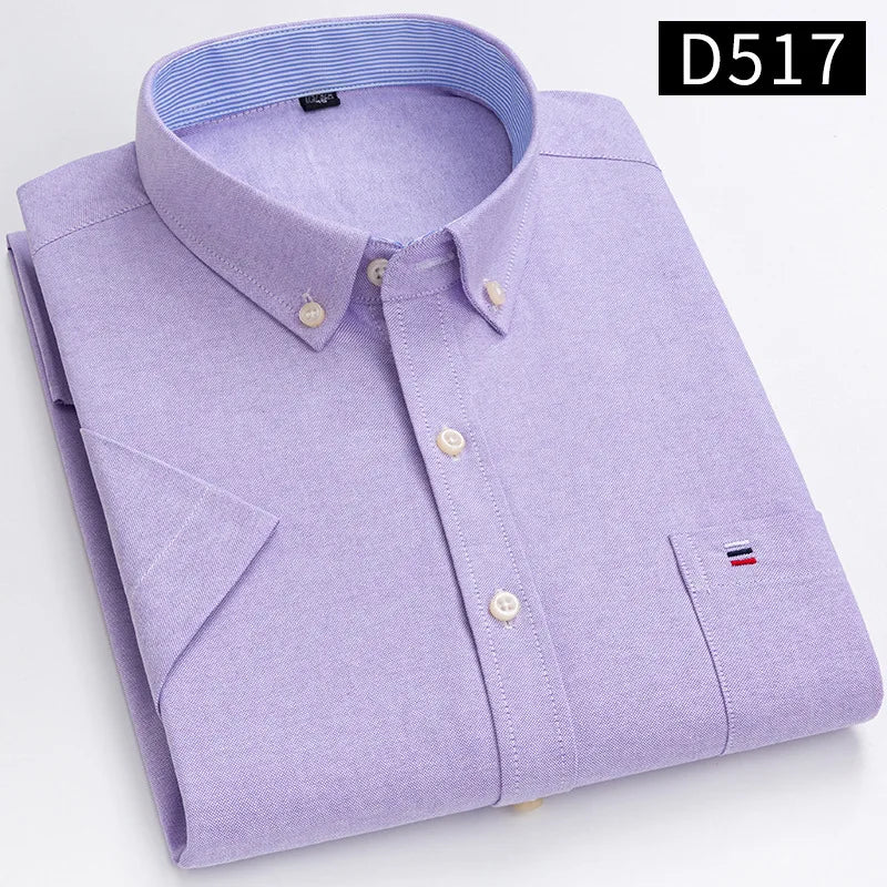 Men's Oxford Short Sleeve Summer Casual Shirts Single Pocket Comfortable Standard-fit Button-down Plaid Striped Cotton Shirt