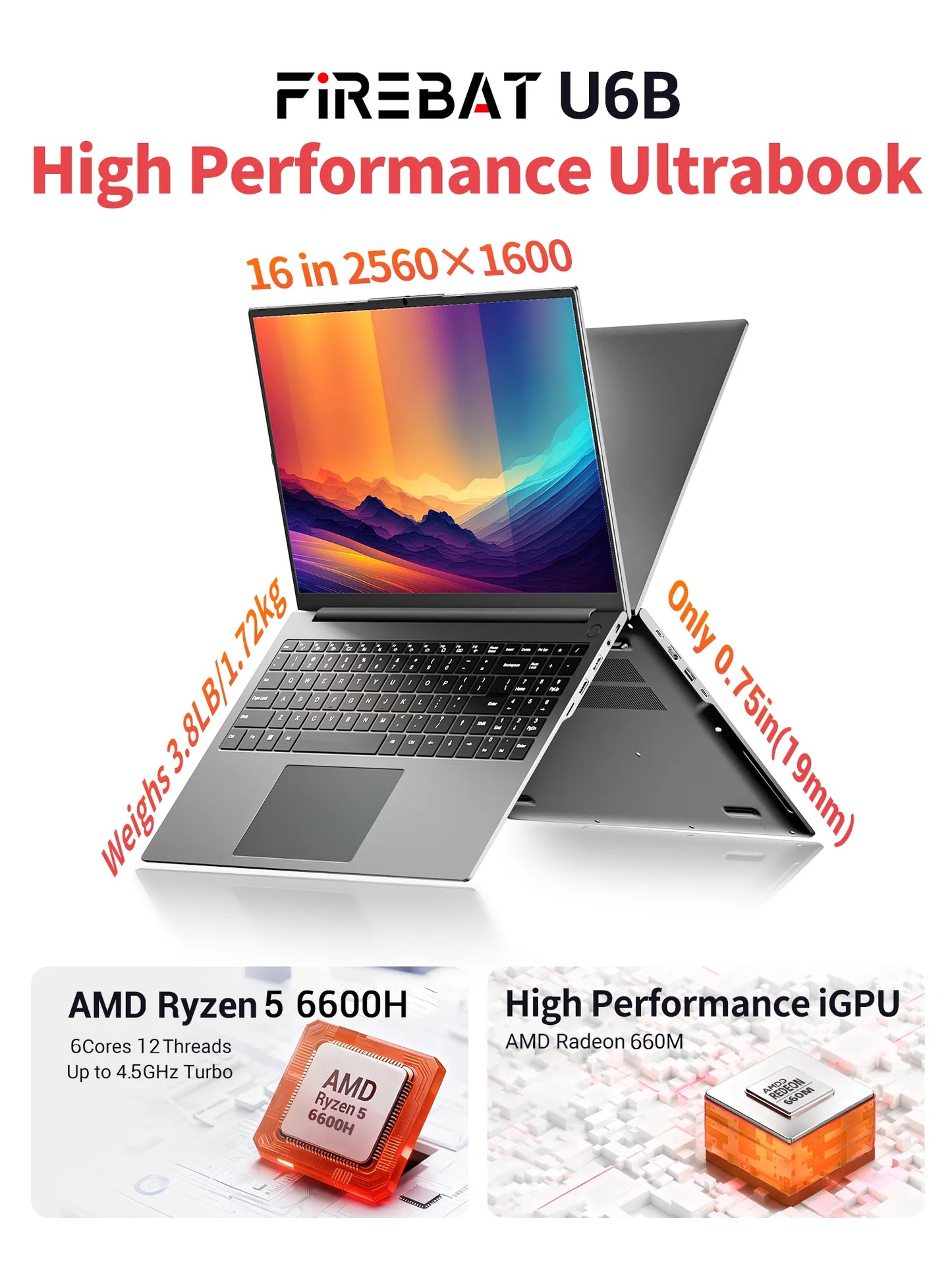 FIREBAT U6B 16" Laptop AMD Ryzen5 6600H LPDDR5 16GB RAM M.2 512GB SSD WiFi6 BT5.2 16inch 2.5K 120Hz Screen Windows11 Computer