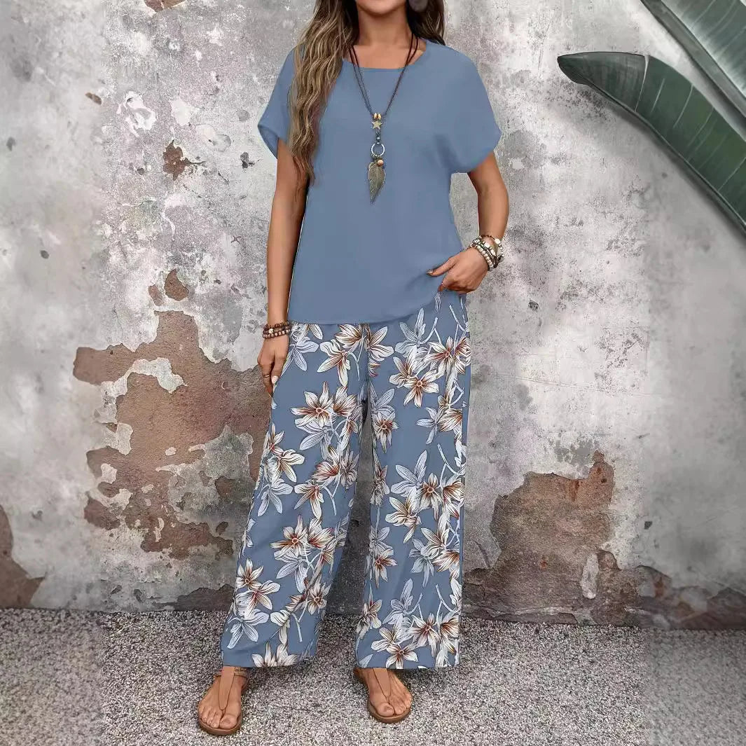 Summer Casual 2 Piece Set Women Outfit 2025 Fashion Loose Pullover Print Round Neck T-shirts And Trousers Pant Sets Suits
