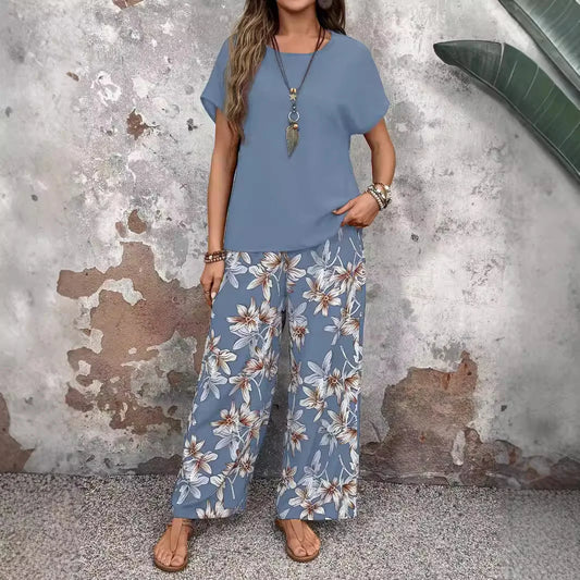 Summer Casual 2 Piece Set Women Outfit 2025 Fashion Loose Pullover Print Round Neck T-shirts And Trousers Pant Sets Suits