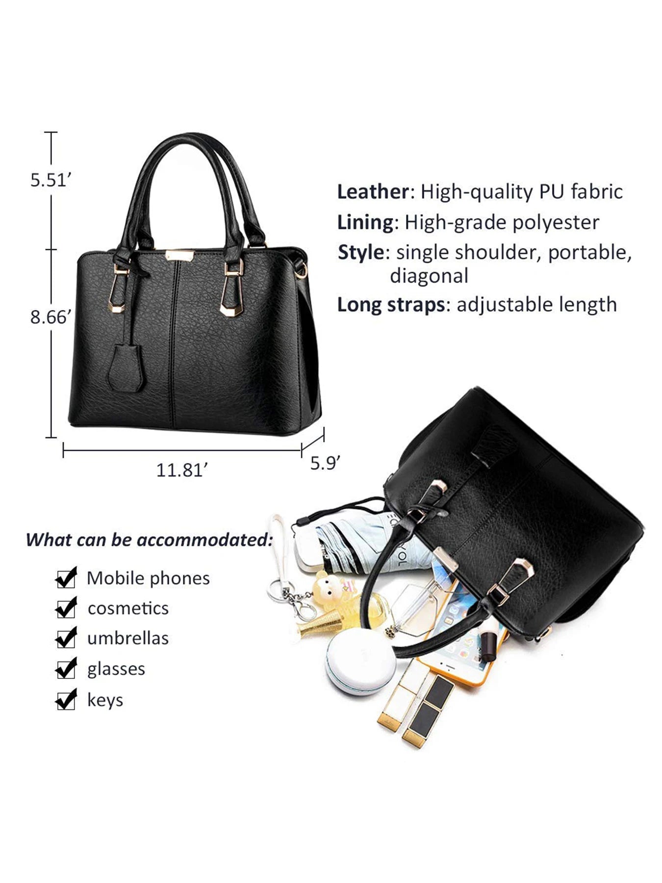 Women's PU Leather Handbag Satchel Shoulder Bag With Adjustable Handle