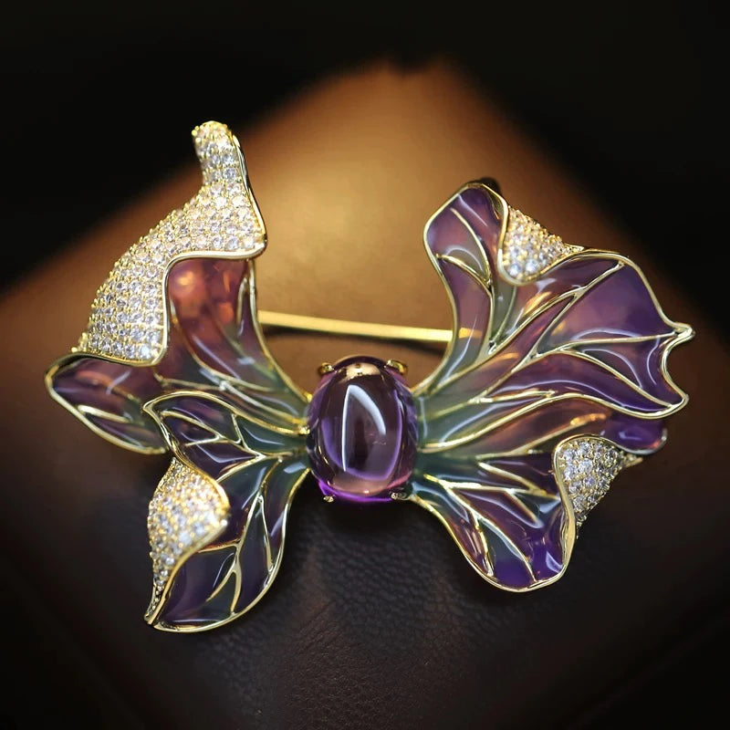 OKILY Palace Elegance Zircon Dancing  Girl Brooch Pins Temperament Enamel Bowknot Fan gingko Feather Corsage for Woman Ornament