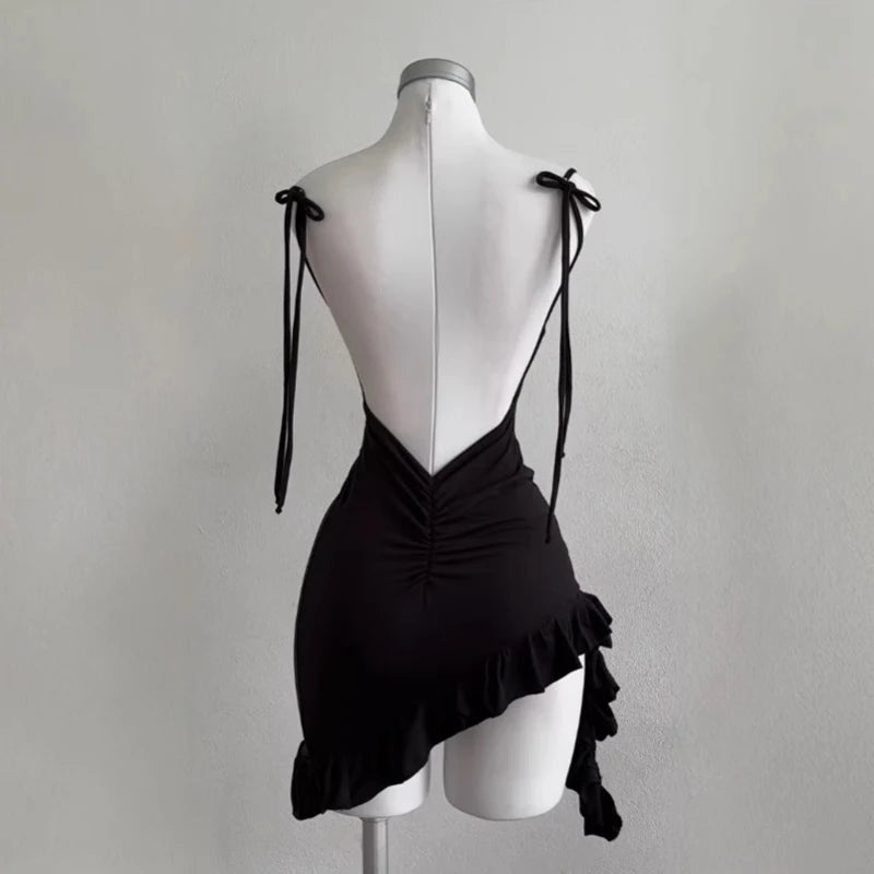Linglsix Backless Sleeveless Mini Dress Women Lace Up Bodycon