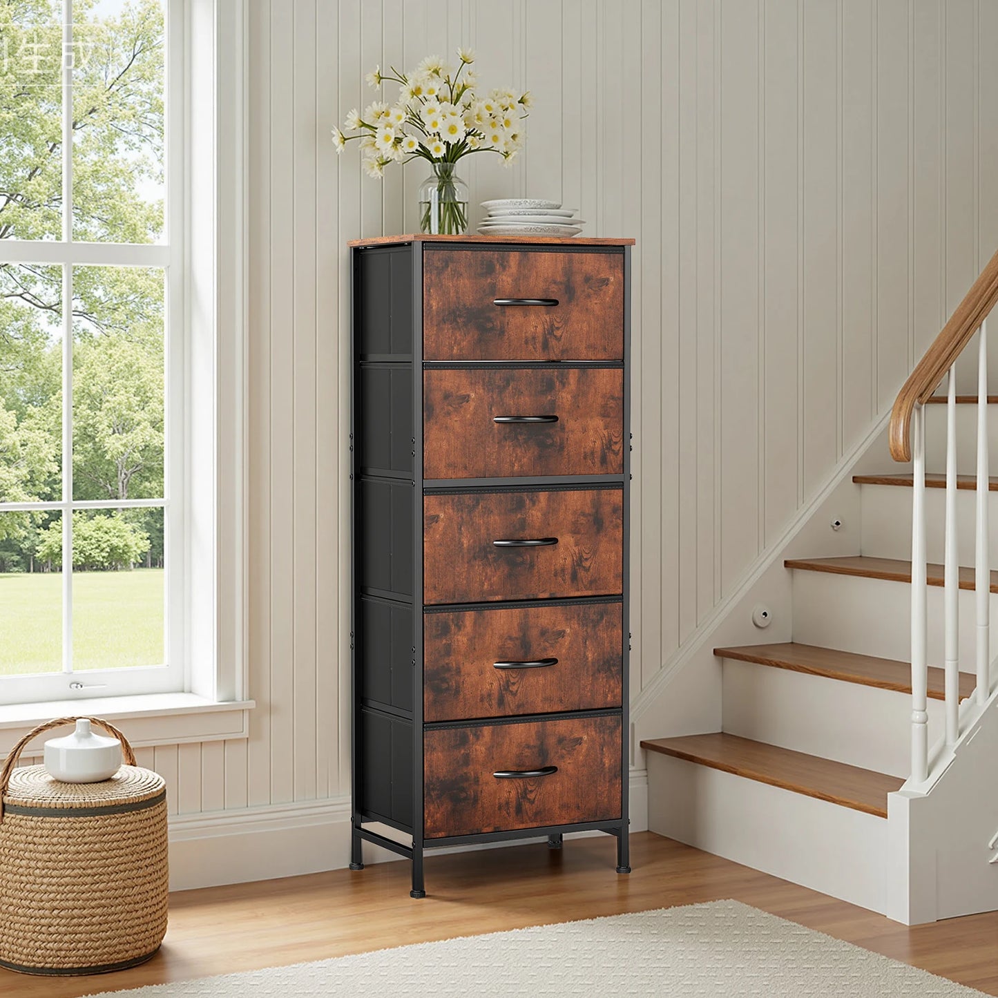 JHK Modern Morocco Dresser With Five Fabric Drawers And Steel Frame