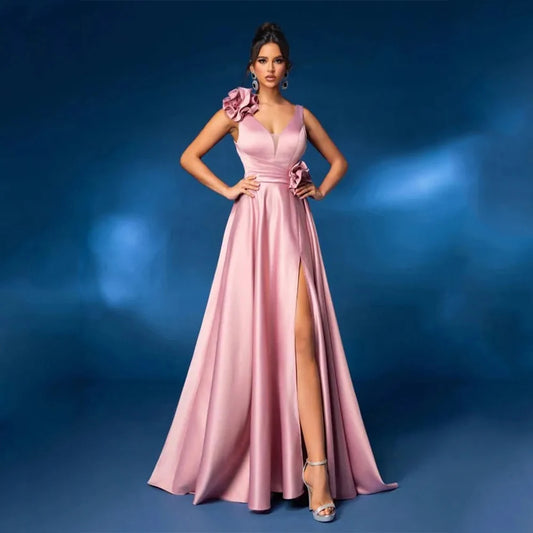 DRESS FORU Elegant Evening Dresses Satin for Floor-Length V-Neck Sleeveless Prom Dress Flower Vestidos De Fiesta Customized