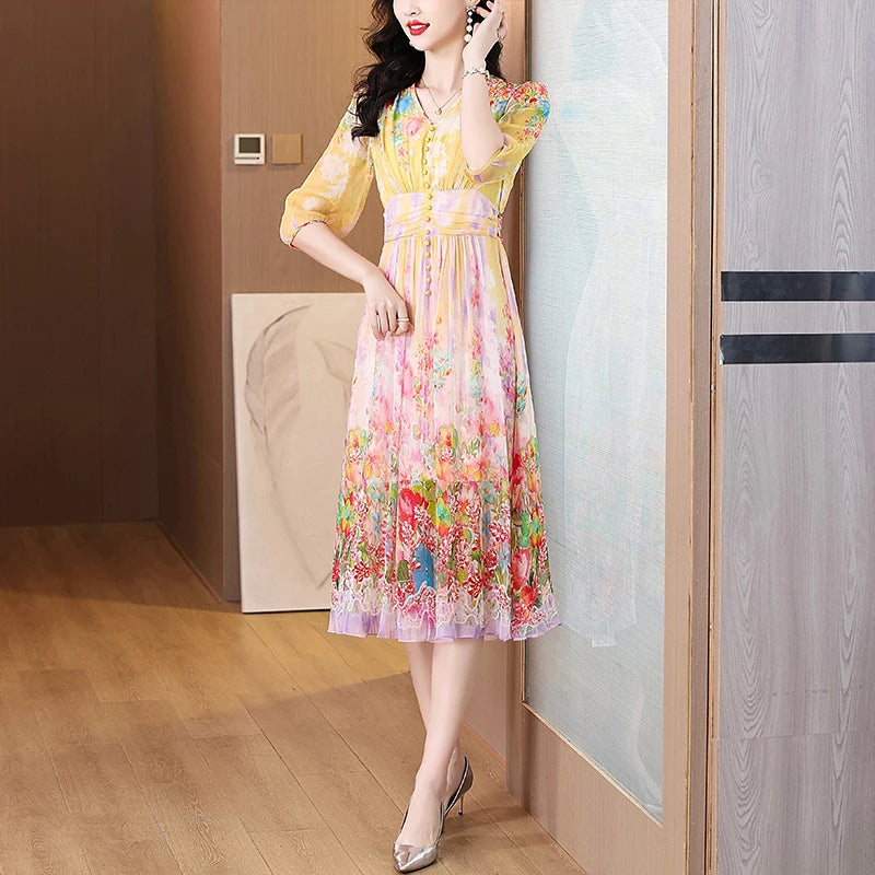Summer Floral Silk Beach Midi Sundress Women Boho Fashion Casual Light Dress 2025 Spring Korean Elegant Luxury Festival Vestidos