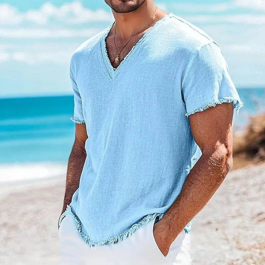 Seaside Beach Casual Men's Linen T Shirts Summer Fashion Solid Color Breathable T-shirt Mens Outdoor Vintage V Neck Ripped Tops