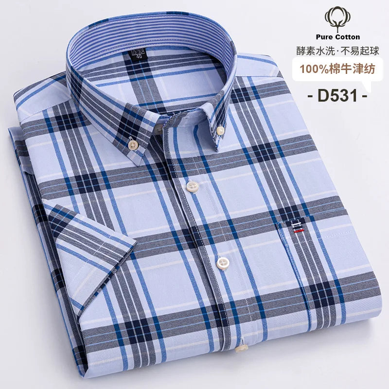 Men's Oxford Short Sleeve Summer Casual Shirts Single Pocket Comfortable Standard-fit Button-down Plaid Striped Cotton Shirt