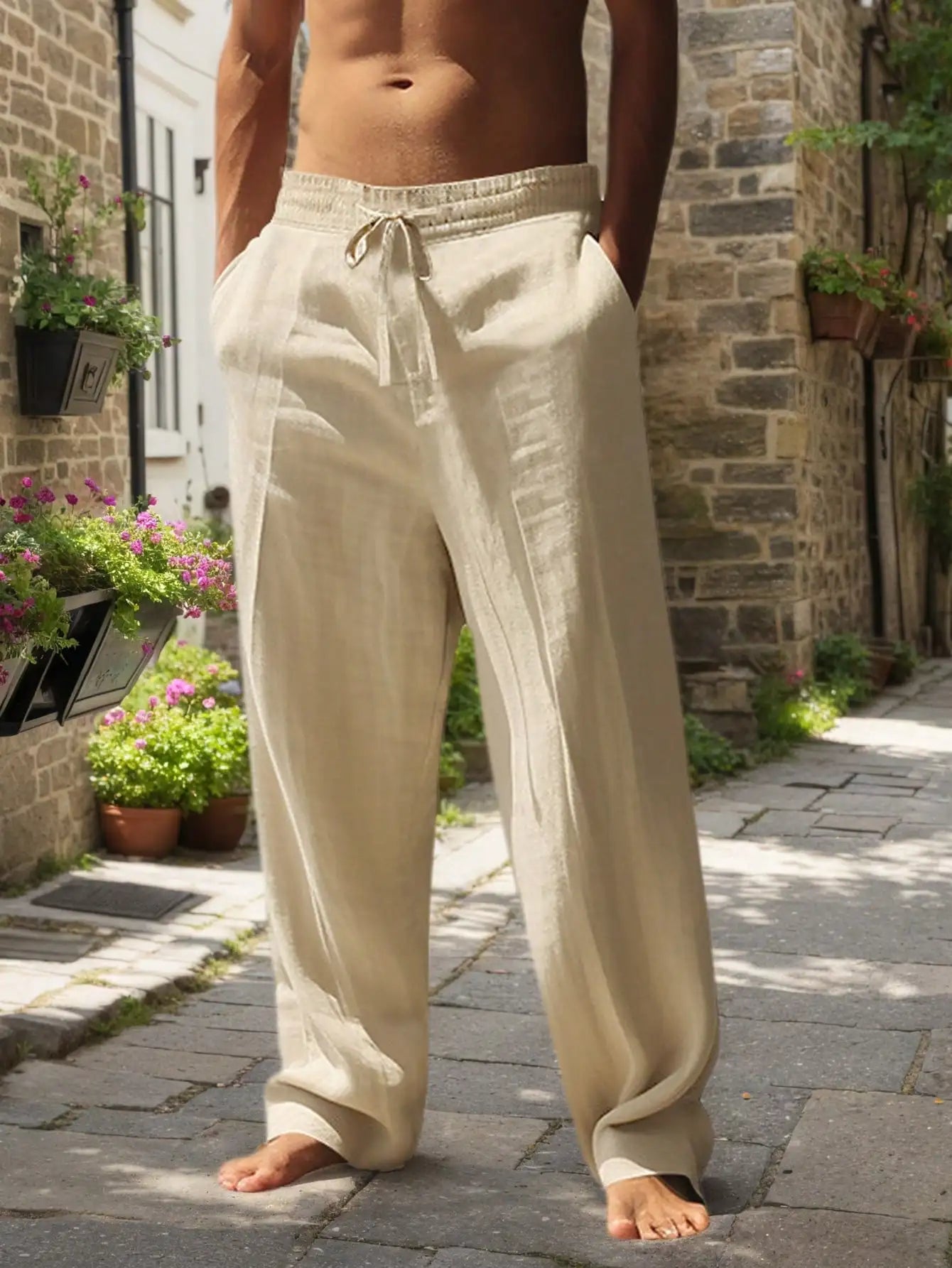 Linen Wide Leg Casual Pants for Men Breathable Summer Lightweight