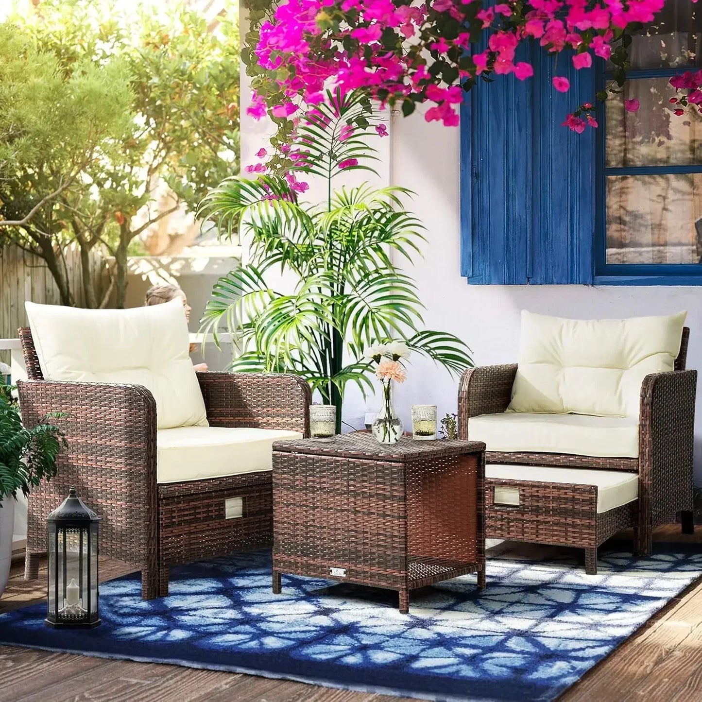 Wicker Patio Furniture Set 5 Pieces With Ottomans Coffee Table