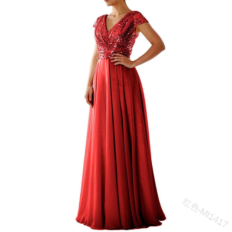 2026 summer new dress V-neck sequined chiffon splicing evening dress dress