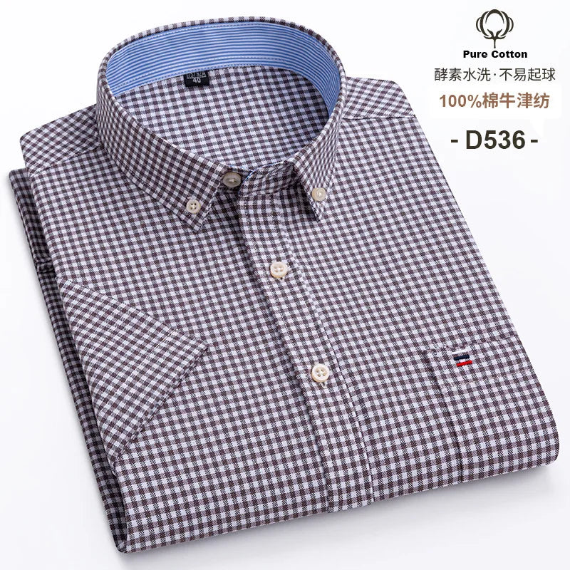 Men's Oxford Short Sleeve Summer Casual Shirts Single Pocket Comfortable Standard-fit Button-down Plaid Striped Cotton Shirt
