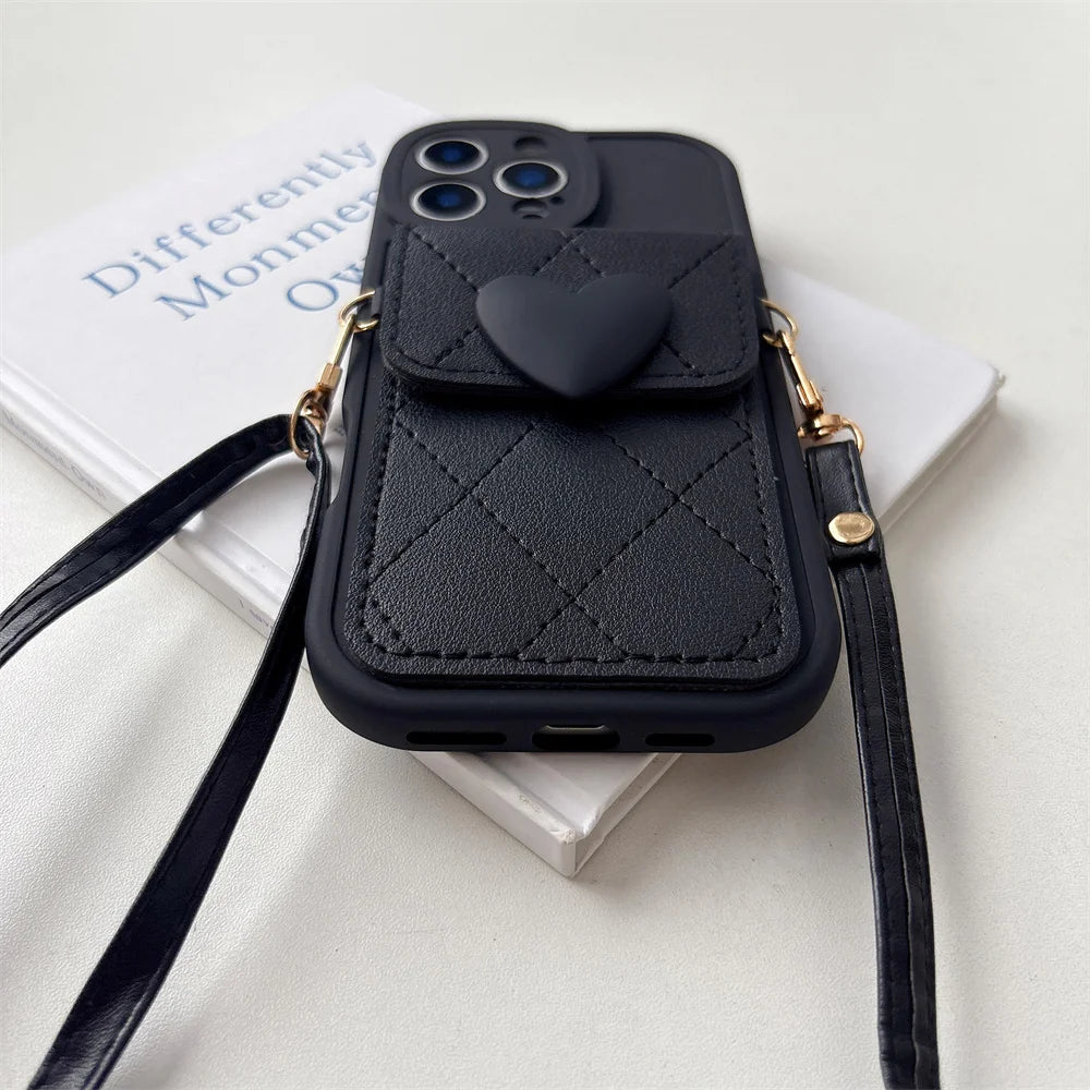 Cute Heart Lanyard Crossbody Card Holder For iPhone Case