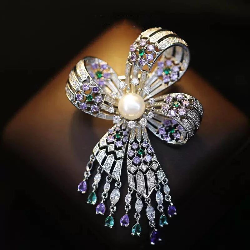 OKILY Palace Elegance Zircon Dancing  Girl Brooch Pins Temperament Enamel Bowknot Fan gingko Feather Corsage for Woman Ornament