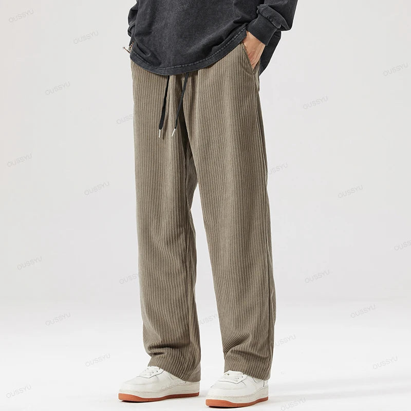 OUSSYU Brand Autumn Winter Men's Stripe Corduroy Pants Elastic Waist Drawstring Straight Thick Outdoors Loose Casual Trousers