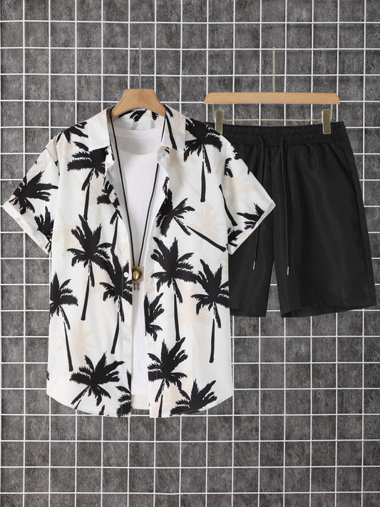 2-pack, men's short-sleeved button-down shirt with a lapel and printed pattern, paired with drawstring pants, for trendy, casual