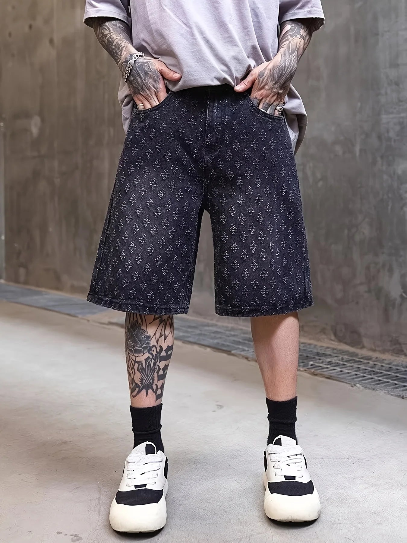 High Street Trendy Ripped Denim Shorts for Men, Plus Size, American Style, Loose Straight-Leg Washed Denim Shorts for Summer
