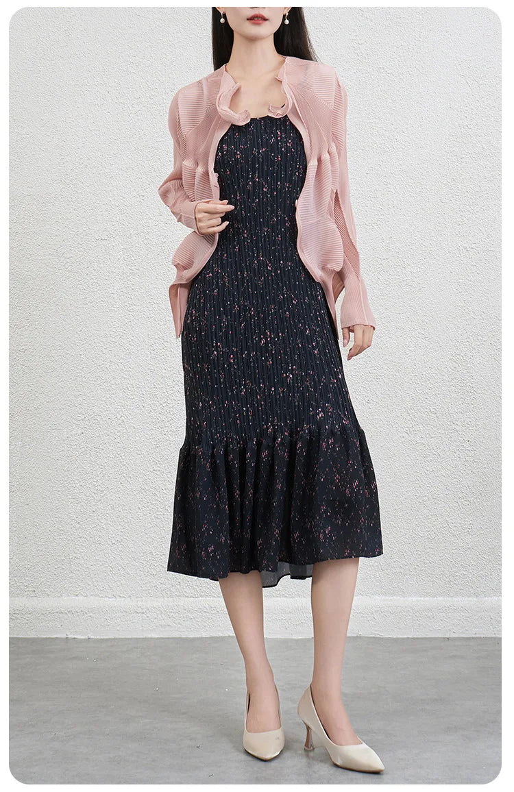 2026 Blue Floral Print Pleated Sundress Women Beach Vacation