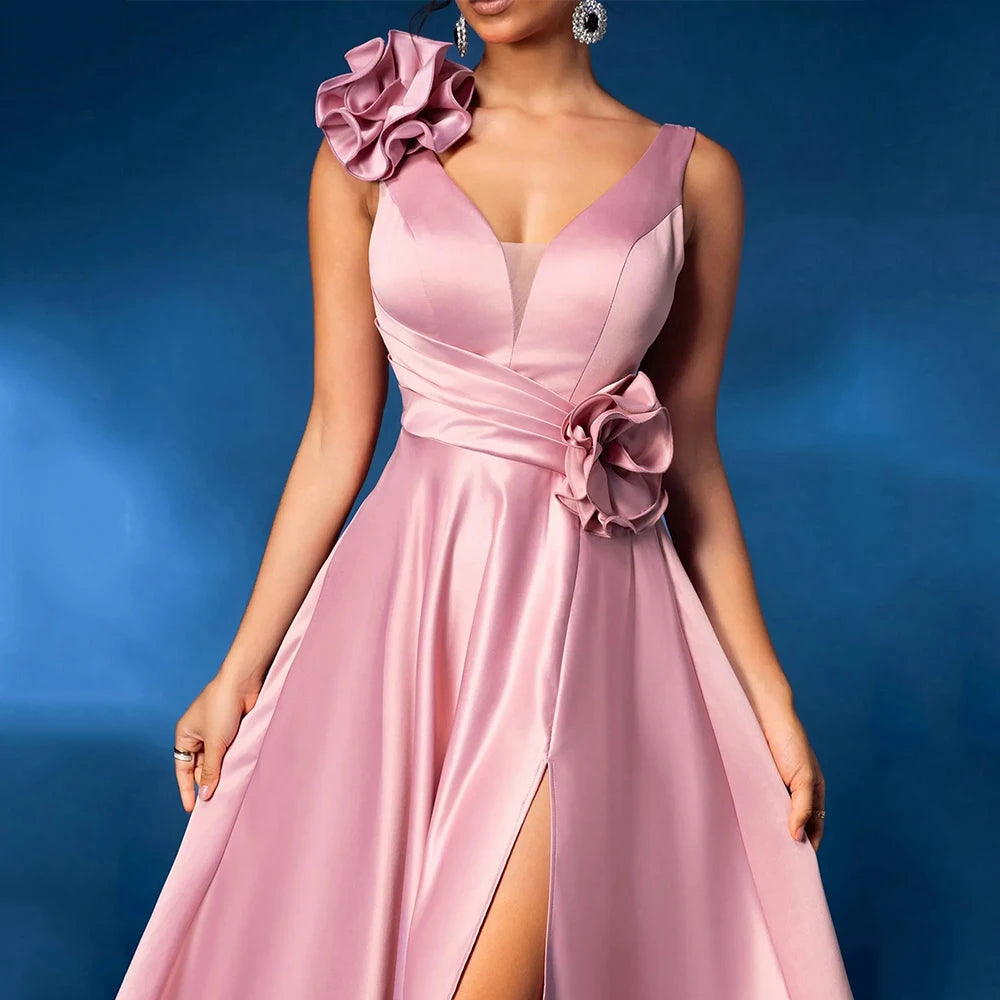 DRESS FORU Elegant Evening Dresses Satin for Floor-Length V-Neck Sleeveless Prom Dress Flower Vestidos De Fiesta Customized