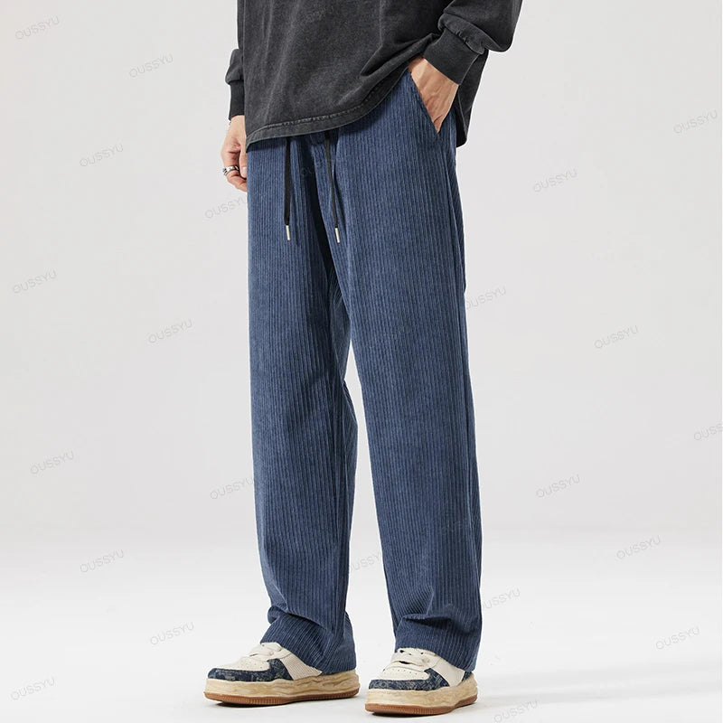 OUSSYU Brand Autumn Winter Men's Stripe Corduroy Pants Elastic Waist Drawstring Straight Thick Outdoors Loose Casual Trousers
