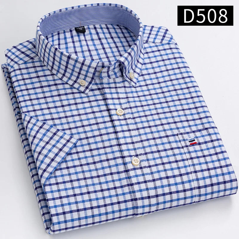Men's Oxford Short Sleeve Summer Casual Shirts Single Pocket Comfortable Standard-fit Button-down Plaid Striped Cotton Shirt