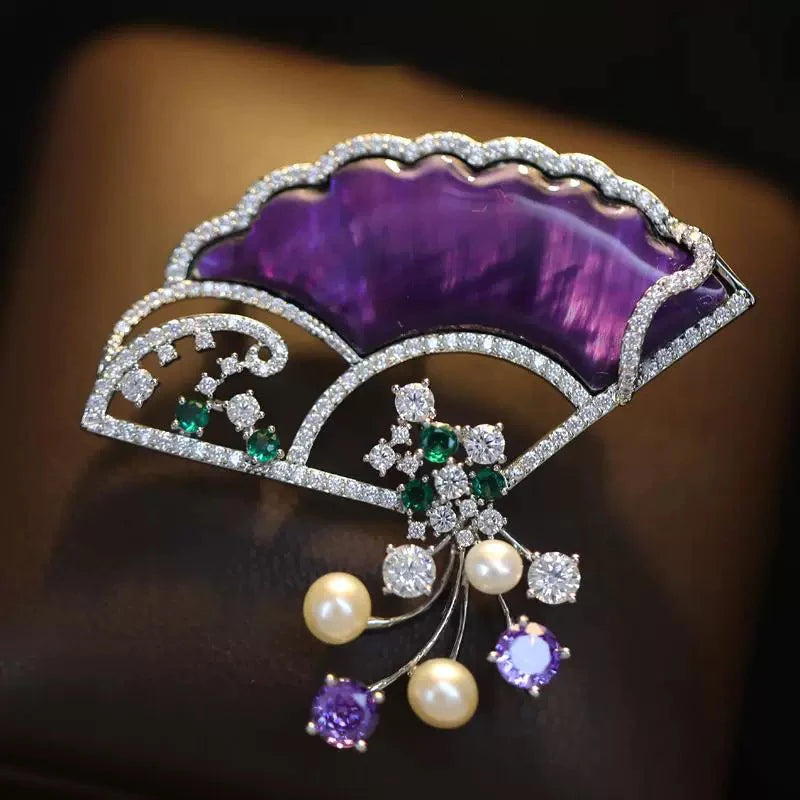 OKILY Palace Elegance Zircon Dancing  Girl Brooch Pins Temperament Enamel Bowknot Fan gingko Feather Corsage for Woman Ornament
