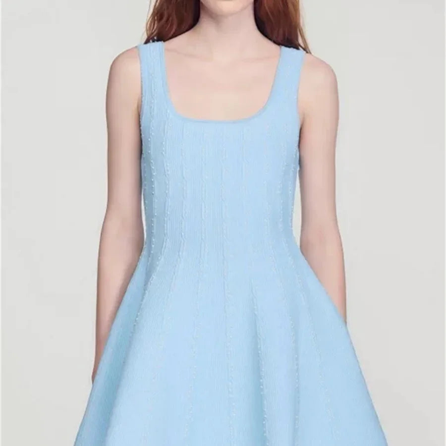 White or Blue Women Knitted A-Line Tank Dress Square Collar Pearl Decoration Sleeveless High Waist Ladies Knit Robe Summer 2026