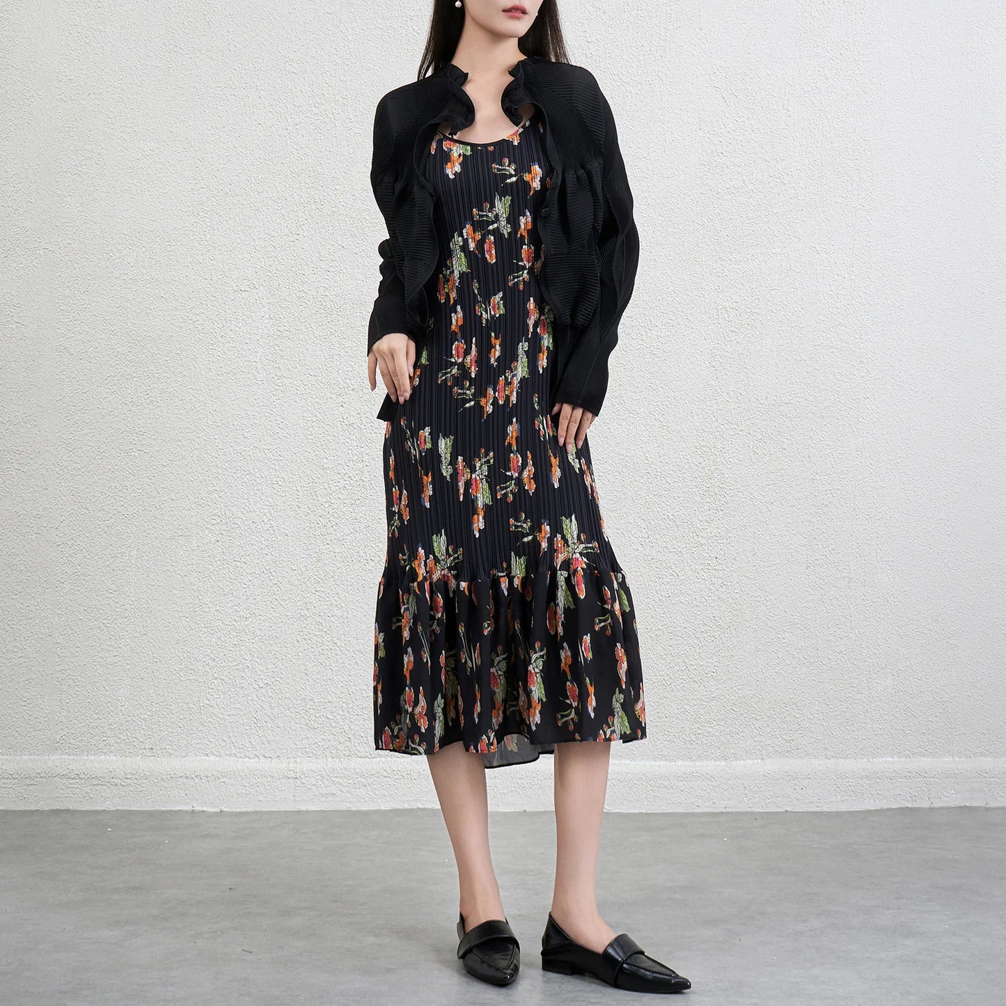 2026 Blue Floral Print Pleated Sundress Women Beach Vacation