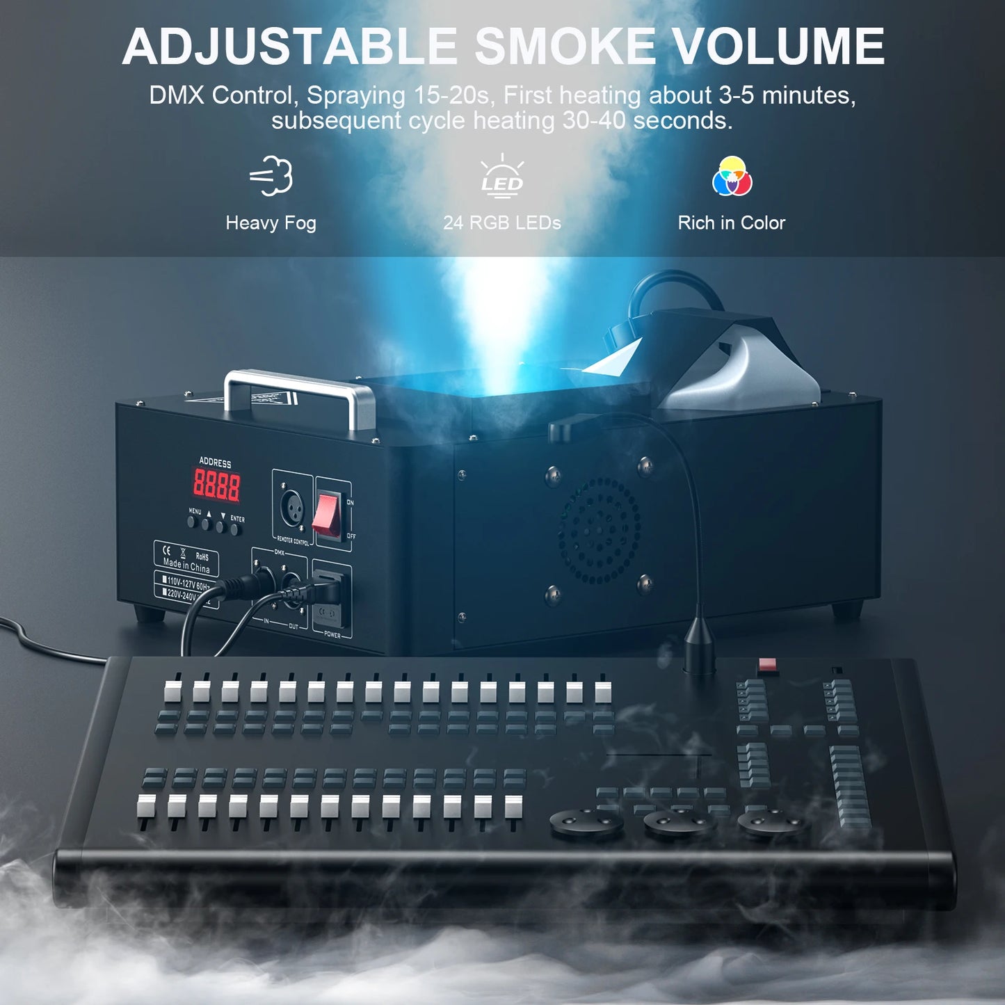 U'King 1500w Fog Machine RGB 3IN1 24LED Vertical Smoke Machine Stage Lighting  Spray Fogger For Halloween Wedding Disco Party
