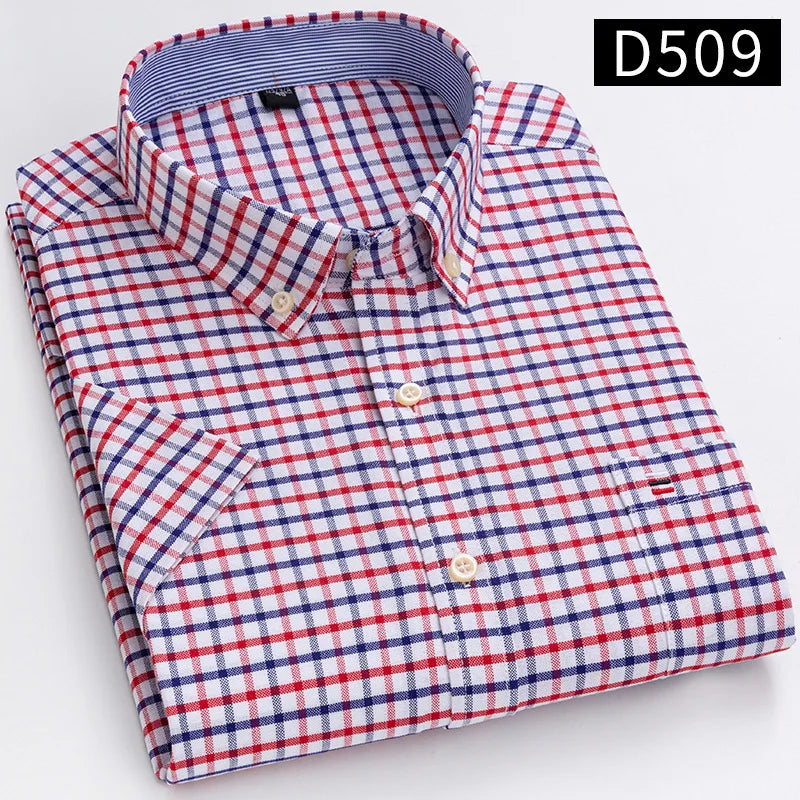Men's Oxford Short Sleeve Summer Casual Shirts Single Pocket Comfortable Standard-fit Button-down Plaid Striped Cotton Shirt