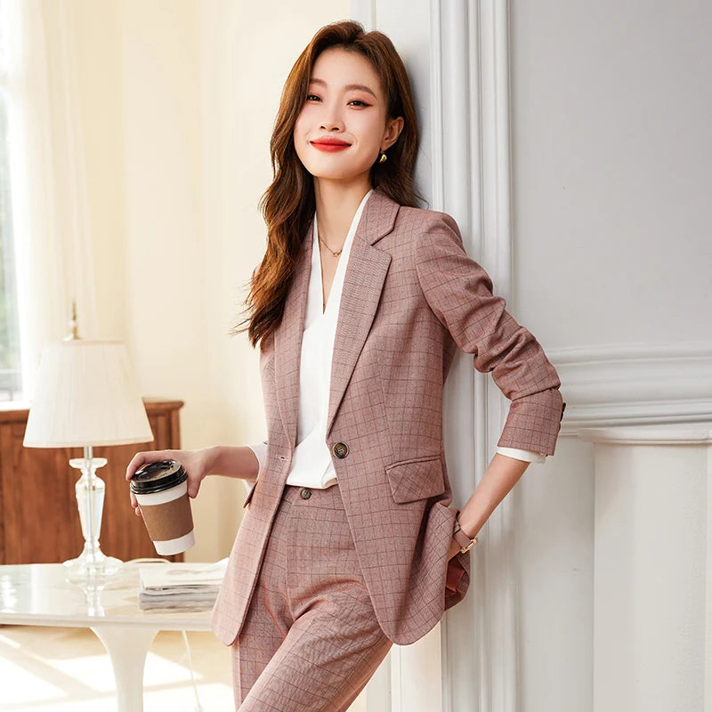 NAVIU High Quality Fabric Formal Professional Lady Office Work Wear Spring OL Styles Pant Suit Elegant Plaid Blazer and Trousers