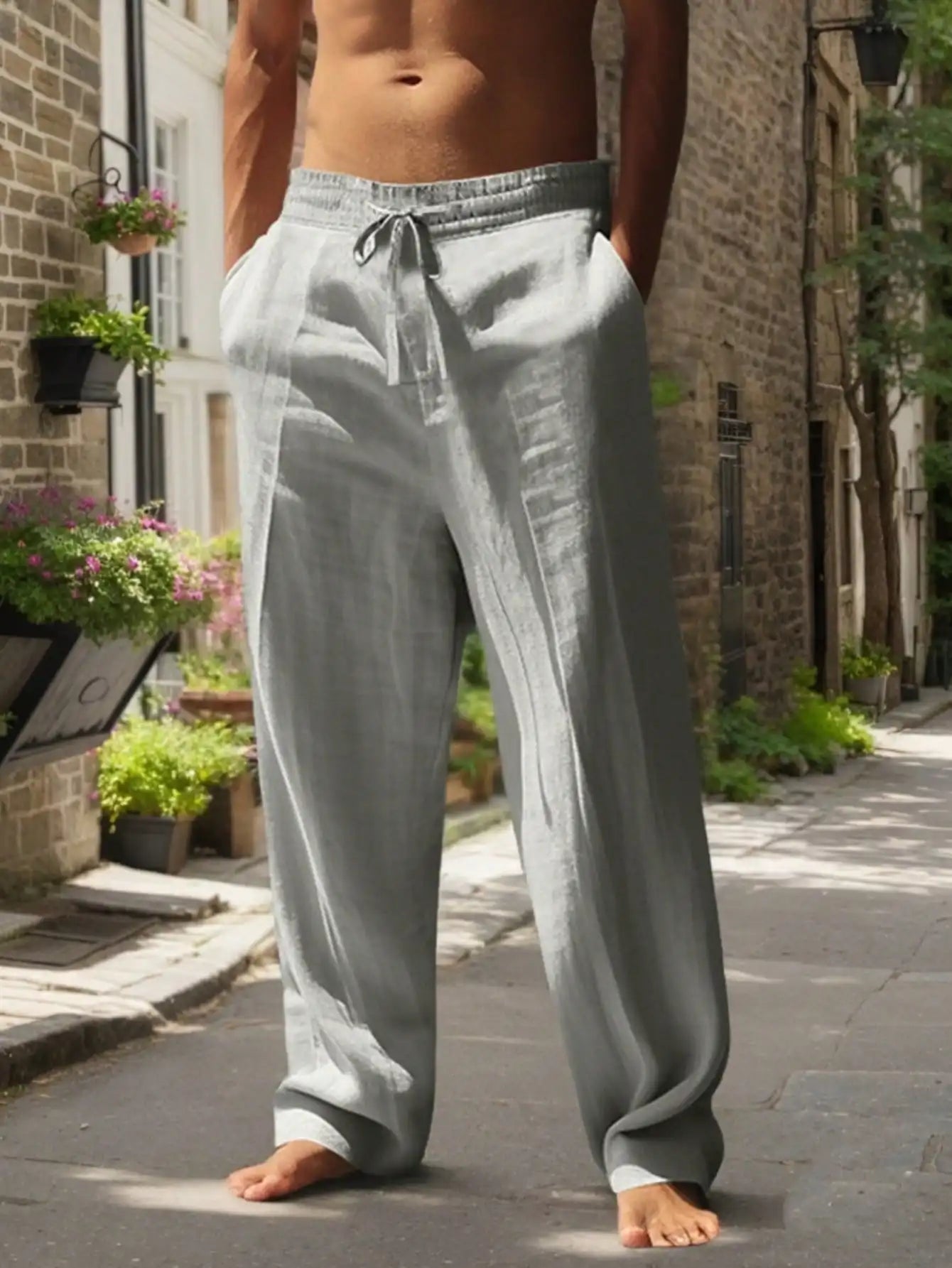 Linen Wide Leg Casual Pants for Men Breathable Summer Lightweight