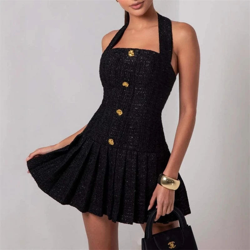 New Summer Dress 2025 Vestidos Para Mujer Solid Color Party Dresses Sexy Hanging Dress Pleated Dress Short Dresses For Woman