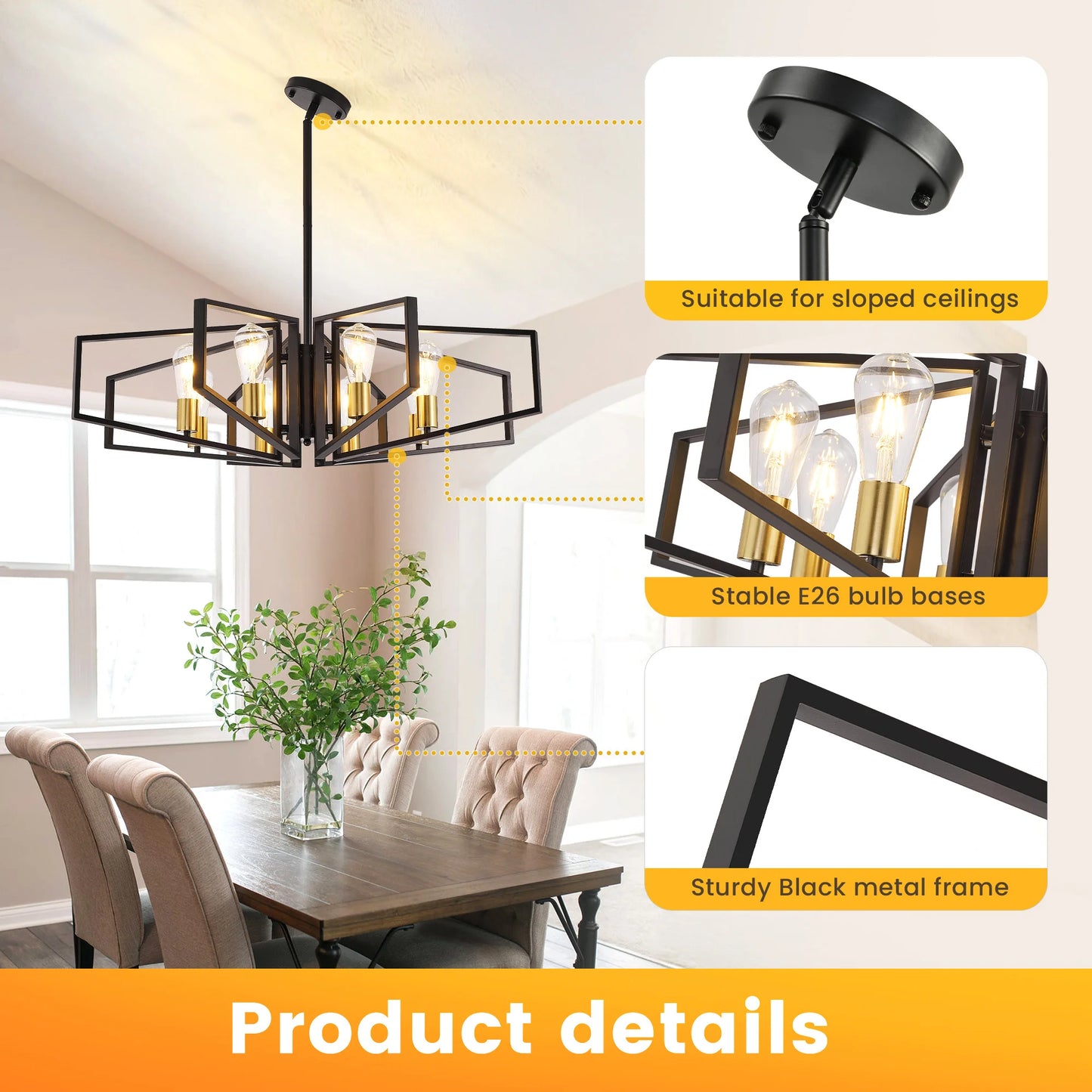 8 Light Geometric Chandelier Metal Pendant Light With Adjustable Height