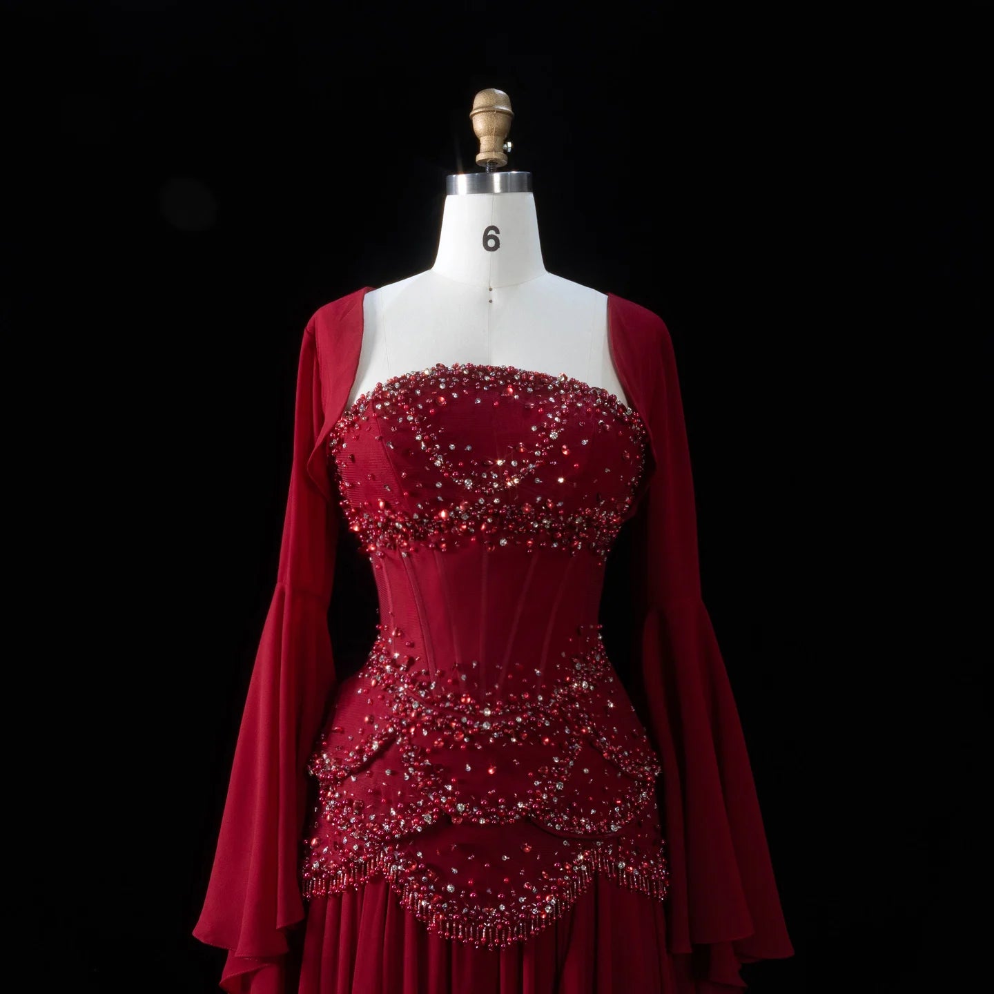 Sharon Said Wine Red & Yellow Chiffon Evening Dress with Flare Sleeve Jacket