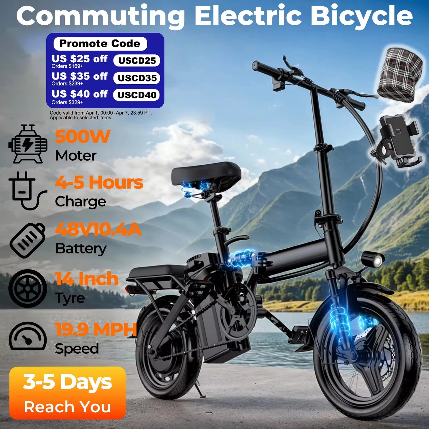 LELEKUAI 500W Foldable Electric Bike With Removable 48V Battery
